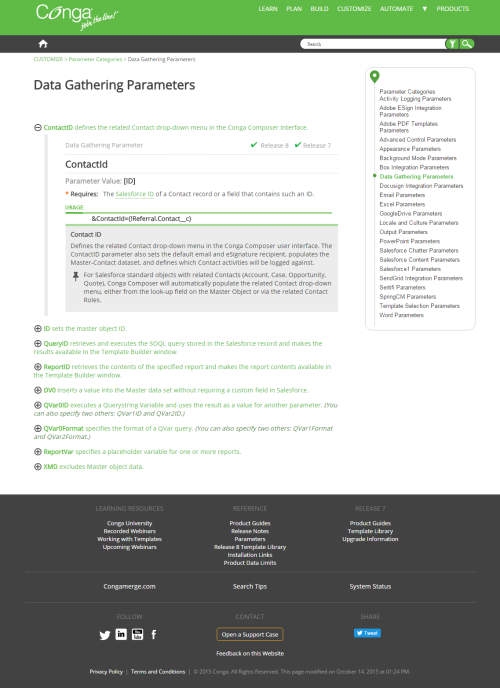A Congasphere Parameters page